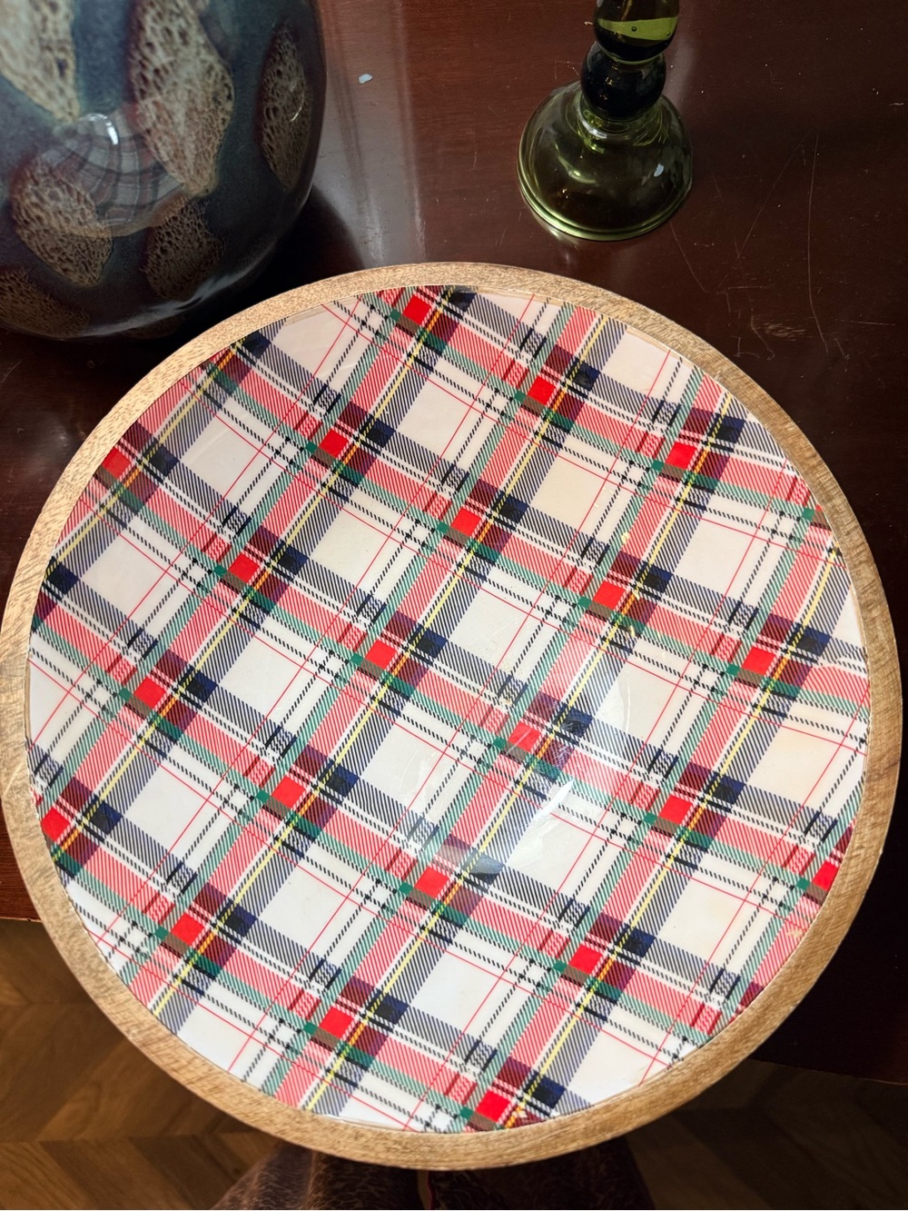 Vintage Round Holiday Multi Plaid Wood Bowl